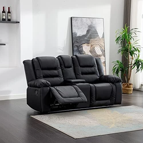 Harper & Bright Designs Recliner Loveseat Sofa, PU Leather Luxurious Living Room 2-Seat Couch, Home Theater Seating Manual Recliner With Center Console, Black 5 Harper & Bright Designs Recliner Loveseat Sofa, PU Leather Luxurious Living Room 2-Seat Couch, Home Theater Seating Manual Recliner With Center Console, Black - Image 5