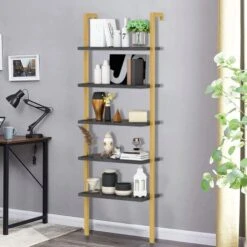 AWQM Industrial Wall Mounted Ladder Shelf, 5 Tier Bookshelf, Ladder Bookcase With Metal Frame, Organizer Plant Flower Display Stand, Open Bookcase Rack For Home Office, Balcony, Bathroom, Gold &Black -Best Furniture Store 51DXCyPxApL