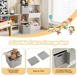 GLOBALWAY 5-Cube Kids Toy Storage Organizer, Freestanding Children Bookcase W/ 2 Foldable Storage Bins, Open Multi-Purpose Storage Display Cabinet For Kids Room, Play Room, Hallway, Nursery -Best Furniture Store 51DdLtMDA1L