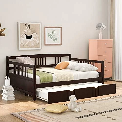 DNYN Twin Size Daybed For Kids Bedroom,Solid Pinewood Bedframe W/Safety Guardrails & Strong Wood Slats Support,Home Furniture For Living Room,Space Saving Design & No Box Spring Needed, Espresso 13 DNYN Twin Size Daybed For Kids Bedroom,Solid Pinewood Bedframe W/Safety Guardrails & Strong Wood Slats Support,Home Furniture For Living Room,Space Saving Design & No Box Spring Needed, Espresso - Image 13