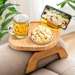 SINWANT Bamboo Sofa Tray Table Clip On Side Table Couch Arm With 360° Rotating Phone Holder, Couch Tray For Arm, Sofa Table For Eating/Drinks/Snacks/Remote/Control