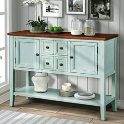 LZ LEISURE ZONE Buffet Sideboard Retro Style Wood Console Table With Bottom Shelf, Storage Cabinet & Drawers For Living Room/Kitche/Entryway, Antique Blue