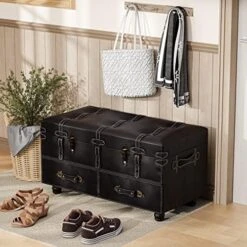 LONYKE Vintage Treasure Chest Bench With Latch Closure And Buckle Trunk, Farmhouse Faux Leather Storage Ottoman Bench For Living Room, Entryway, Bedroom, Sponge Padded ，Black Brown -Best Furniture Store 51E3Lv0zp7L. AC