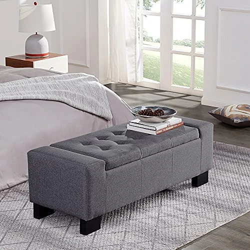 BELLEZE 50 Inch Storage Ottoman Bench, Upholstered Tufted Linen Fabric, Foam Padded Large Rectangular Footrest, Living Room Furniture - Arlington (Gray) 2 BELLEZE 50 Inch Storage Ottoman Bench, Upholstered Tufted Linen Fabric, Foam Padded Large Rectangular Footrest, Living Room Furniture - Arlington (Gray) - Image 2