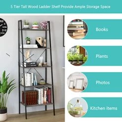 5 Shelves Ladder Shelf, 5 Tier Bookshelf, Storage Rack Wooden Shelf Ladder, Ladder Shelf Bookcase, Rustic Industrial Shelving Unit, Vintage Flower Plant Stand Rack For Living Room, Bedroom And Office -Best Furniture Store 51E8TnmX5lL