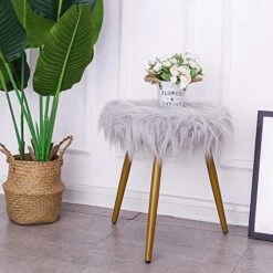 Glzifom Faux Fur Vanity Stool Chair, Fuzzy Fluzzy Round Ottoman, Covered Makeup Seat With Gold Metal Legs Upholstered Footrest Decorative For Living Room, Bedroom, Kids Room Gray -Best Furniture Store 51Edze0f4cL