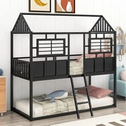Harper & Bright Designs Low Bunk Bed Twin Over Twin House Bunk Bed Frame For Kids Girls Boys (Twin Size, White) -Best Furniture Store 51EekISq88L. AC