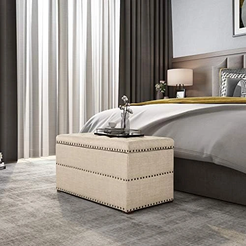 Edeco Modern Nailhead Storage Ottoman With Tray Top Square Script Ottoman Space-Saving Coffee Table, Grey 8 Edeco Modern Nailhead Storage Ottoman With Tray Top Square Script Ottoman Space-Saving Coffee Table, Grey - Image 8