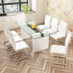 JUFU 71" Glass Dining Table Set For 6,Modern Rectangle Dinner Tempered Glass Table Top Of 0.39 Thick And Pu Leather Dining Chairs, Big Kitchen Room Table Set With Durable MDF Frame (White, Set Of 6) -Best Furniture Store 51ErFLTl0L. AC