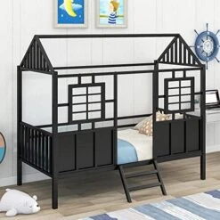 Harper & Bright Designs Twin Size House Bed With Trundle, Metal Kids Platform Bed Frame With Roof, House-Shape Bed Frame Can Be Decorated For Kids Girls Boys Toddlers(Black) -Best Furniture Store 51EwpaBeubL. AC 1