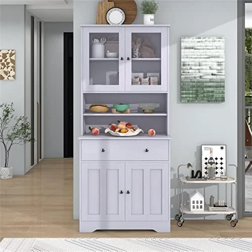 TURRIDU Pantry Storage Cabinet, 70.9" Freestanding Tall Storage Cabinet With Glass Doors, A Large Drawer And Adjustable Shelves, Multifunctional Buffet Sideboard For Living Room Dining Room, White 6 TURRIDU Pantry Storage Cabinet, 70.9" Freestanding Tall Storage Cabinet With Glass Doors, A Large Drawer And Adjustable Shelves, Multifunctional Buffet Sideboard For Living Room Dining Room, White - Image 6