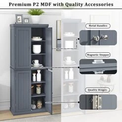 HONHPD Freestanding Tall Kitchen Pantry, 72.4" Minimalist Kitchen Storage Cabinet Organizer With 4 Doors And Adjustable Shelves, Gray (US Warehouse)