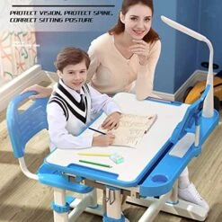 Children Study Desk, Kid Desk, Boy And Girl Homework Desk And Chair Set (Desk + Stool + Reading Rack + Led Light) -Best Furniture Store 51FYyPa6bwL