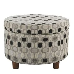 Homepop Home Decor | Upholstered Round Storage Ottoman | Ottoman With Storage For Living Room & Bedroom (Black Geo)