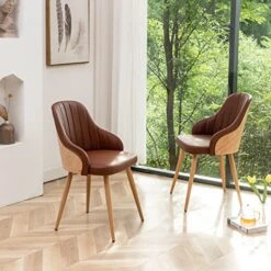 YOUUGIOR Mid Century Modern Dining Chairs,Leather Upholstered Accent Arm Chairs,Leisure Side Chair With Metal Legs And Bamboo Back For Living Room,Dining Room,Set Of 2,Brown.