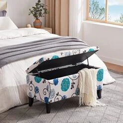 HUIMO Storage Ottoman, 35" Ottoman With Storage For Living Room, Script Printed Linen Upholstered Fabric Ottoman Foot Rest, Ottoman Bench For Bedroom End Of Bed, Entryway, Window Bench(Blue Flower) -Best Furniture Store 51FwI840N3L