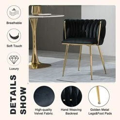 NIOIIKIT Modern Velvet Dining Chairs Set Of 2 Hand Weaving Accent Chairs Living Room Chairs Upholstered Side Chair With Golden Metal Legs For Dining Room Kitchen Vanity Living Room(Black) -Best Furniture Store 51G6Zdz5FmL