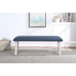 OSP Home Furnishings Callen Bench With Antique Bronze Nailhead Trim, White Wash Frame And Navy Fabric