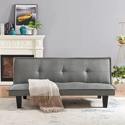 Majnesvon Modern Linen Fabric Sofa Bed Futon,Convertible Foldable Sleeper Sofa Bed With 3 Angles Adjustable Back,Wooden Frame & Legs For Small Living Space,Dorm Office Apartment (Light Grey)