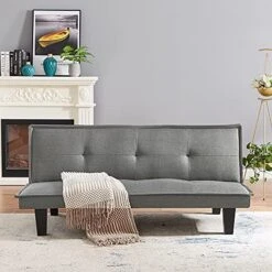 Majnesvon Modern Linen Fabric Sofa Bed Futon,Convertible Foldable Sleeper Sofa Bed With 3 Angles Adjustable Back,Wooden Frame & Legs For Small Living Space,Dorm Office Apartment (Light Grey) -Best Furniture Store 51GHQdOmIIL. AC