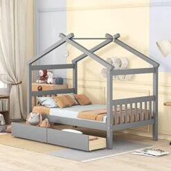 JIVOIT Twin Size House Platform Bed With Twin Size Trundle, Wooden House Bed Daybed With Roof Design And 2 Headboards, House-Shaped Canopy Bed For Kids Teens Boys Girls (Walnut-Twin-Trundle 011) 23 JIVOIT Twin Size House Platform Bed With Twin Size Trundle, Wooden House Bed Daybed With Roof Design And 2 Headboards, House-Shaped Canopy Bed For Kids Teens Boys Girls (Walnut-Twin-Trundle 011) -Best Furniture Store 51GJ5DO58tL. AC