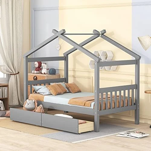 JIVOIT Twin Size House Platform Bed With Twin Size Trundle, Wooden House Bed Daybed With Roof Design And 2 Headboards, House-Shaped Canopy Bed For Kids Teens Boys Girls (Walnut-Twin-Trundle 011) 9 JIVOIT Twin Size House Platform Bed With Twin Size Trundle, Wooden House Bed Daybed With Roof Design And 2 Headboards, House-Shaped Canopy Bed For Kids Teens Boys Girls (Walnut-Twin-Trundle 011) - Image 9