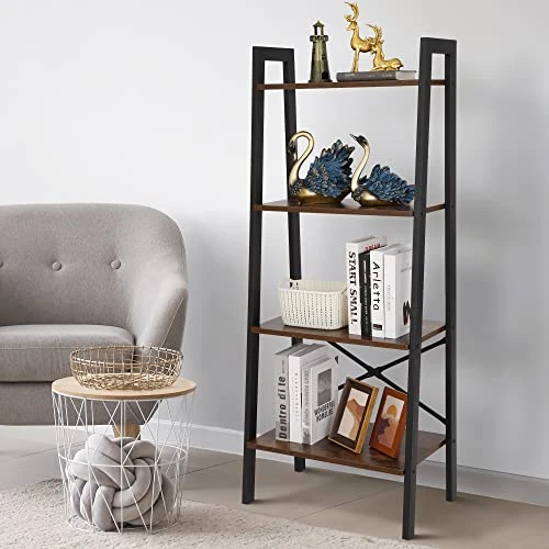 Nouva 4 Tier Ladder Shelf, Industrial Bookshelf Free Standing Steel Frame Open Display Rack Shelf Wooden Shelf For Living Room Bedroom Kitchen Home Office Bathroom Garage, Rustic Brown 2 Nouva 4 Tier Ladder Shelf, Industrial Bookshelf Free Standing Steel Frame Open Display Rack Shelf Wooden Shelf For Living Room Bedroom Kitchen Home Office Bathroom Garage, Rustic Brown - Image 2