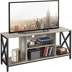 Yaheetech TV Stand For 65 Inch TV Console Table With Storage Shelves Cabinet, 55" Wood Entertainment Center For Living Room, Industrial Modern Style TV Cabinet For Flat Screens, Gray -Best Furniture Store 51GWzIJxlSS. AC