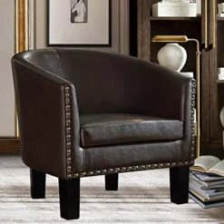 Rosevera Duilio Club Style Barrel Armchair For Living Room Faux Leather Accent Chair, Latte Faux Leather -Best Furniture Store 51GdulNuHoL. AC