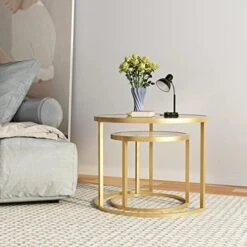 Gold Nesting Coffee Table Set Of 2, Modern Tempered Glass Side Table, Metal Frame End Table,Blue Plated Glass Table For Living Room, Office,Home Decor -Best Furniture Store 51GeQOeLkhL