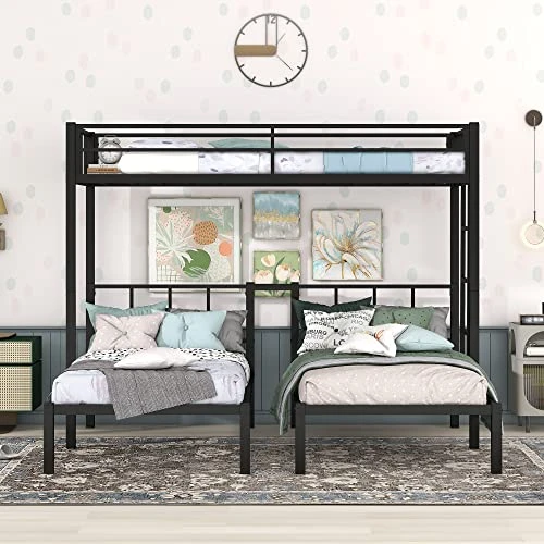 UBGO Triple Twin Bunk Bed, Can Be Separated Into 3 Twin Beds Metal Full Bunk Bed With Two-Side Stairs And Shelf,Metal Loft Bed For Adult Kids Student Dormitory Bedroom Furniture Set, Black 2 UBGO Triple Twin Bunk Bed, Can Be Separated Into 3 Twin Beds Metal Full Bunk Bed With Two-Side Stairs And Shelf,Metal Loft Bed For Adult Kids Student Dormitory Bedroom Furniture Set, Black - Image 2