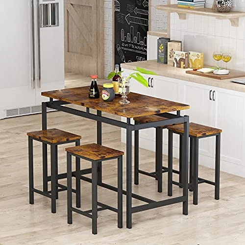 AWQM Bar Table And Stools Set, Rectangle Dining Table Set For 4, Industrial Counter Height Kitchen Bar Table And Chairs Set For Breakfast Nook, Restaurant, Apartment, Small Spaces - Rustic Brown 2 AWQM Bar Table And Stools Set, Rectangle Dining Table Set For 4, Industrial Counter Height Kitchen Bar Table And Chairs Set For Breakfast Nook, Restaurant, Apartment, Small Spaces - Rustic Brown - Image 2