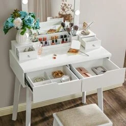 Anity Set With Lighted Mirror, Makeup Vanity With 10 LED Bulbs, Vanity Desk Makeup Desk With 4 Drawers 2 DIY Dividers Removable Makeup Organizer & Cushioned Stool, White Vanity Table FST10W -Best Furniture Store 51H1wtj2dkL