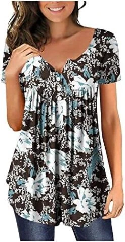 Going Out Tops For Women Floral Printed Hide Belly Tunic Blouses Casual V Neck Buttons Pullover Short Sleeve T-Shirts -Best Furniture Store 51HBPojODaL. AC