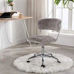 Wahson Cute Faux Fur Task Chair With Wheels, Fuzzy Swivel Desk Chair Armless, For Women, Adults, Kids Living Room, Bedroom, Vanity, Home Office, School, Height Adjustable, Grey