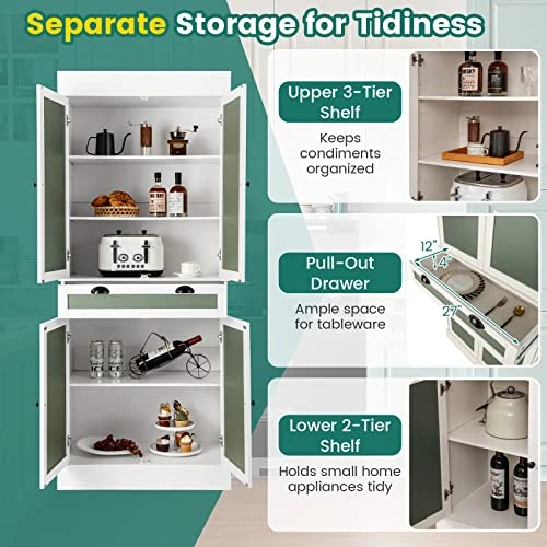Giantex Kitchen Pantry Cabinet, 72” Tall Buffet Cupboard With 2-Door Sideboards, Large Drawer, 3 Adjustable Shelves & Anti-Tipping Kits, Storage Cabinet For Dining Room Living Room (White & Green) 5 Giantex Kitchen Pantry Cabinet, 72” Tall Buffet Cupboard With 2-Door Sideboards, Large Drawer, 3 Adjustable Shelves & Anti-Tipping Kits, Storage Cabinet For Dining Room Living Room (White & Green) - Image 5