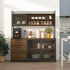 AIEGLE Large Kitchen Hutch Storage Cabinet, Pantry Cabinets With Hutch, Metal Frame Cupboard With Mesh Door, Drawer & Microwave Shelf, Freestanding Kitchen Storage, Rustic (59" W X 15.7" D X 68.5" H) -Best Furniture Store 51HHzWl5H7L. AC