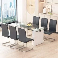 JUFU 71" Glass Dining Table Set For 6,Modern Rectangle Dinner Tempered Glass Table Top Of 0.39 Thick And Pu Leather Dining Chairs, Big Kitchen Room Table Set With Durable MDF Frame (White, Set Of 6) -Best Furniture Store 51HLbDgeWGL. AC