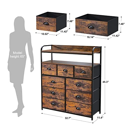 Dresser For Bedroom With 9 Drawers, Tall Dressers For Bedroom With Shelves Dressers & Chests Of Drawers Fabric Storage Drawer Units For Bedroom, Closet, Rustic Brown 3 Dresser For Bedroom With 9 Drawers, Tall Dressers For Bedroom With Shelves Dressers & Chests Of Drawers Fabric Storage Drawer Units For Bedroom, Closet, Rustic Brown - Image 3