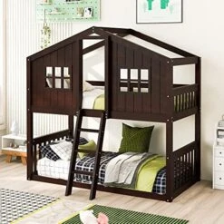 Harper & Bright Designs Low Bunk Bed Twin Over Twin House Bunk Bed Frame For Kids Girls Boys (Twin Size, White) -Best Furniture Store 51HZ0BAa DL. AC