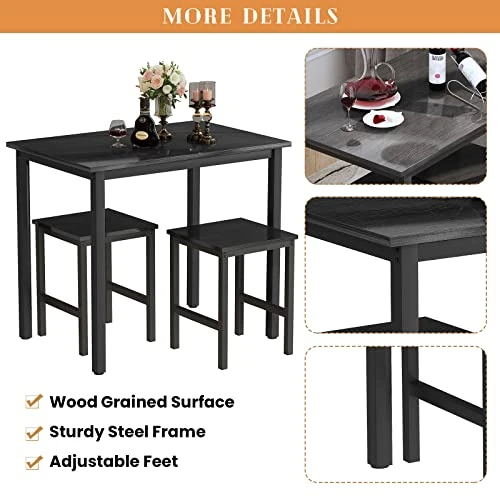 Lamerge Small Kitchen Table Set For 2, Industrial Dining Breakfast Table And 2 Stools, 3 Pieces Dining Table Set For Dining Room, Living Room, Apartment, Small Space (Black) 4 Lamerge Small Kitchen Table Set For 2, Industrial Dining Breakfast Table And 2 Stools, 3 Pieces Dining Table Set For Dining Room, Living Room, Apartment, Small Space (Black) - Image 4