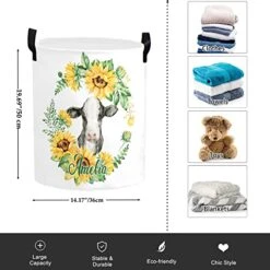 Personalized Laundry Basket Hamper,Cow Sunflower Wreath,Collapsible Storage Baskets With Handles For Kids Room,Clothes, Nursery Decor