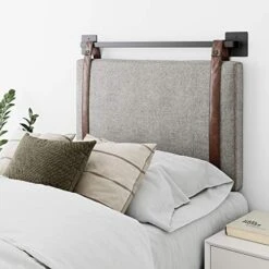 Harlow Modern Wall Mount Hanging Upholstered Headboard, Queen, Gray With Brown Faux Leather Straps -Best Furniture Store 51I3t5iqmaL. AC