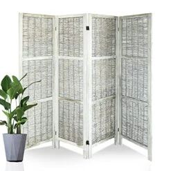 Babion 4 Panel Room Divider, Grass Willow Hand-Woven Screen, Room Dividers And Folding Privacy Screens , Modern Wall Dividers Room Bedroom Decoration, Dividers For Home Office -Grey