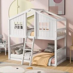 Harper & Bright Designs Low Bunk Bed Twin Over Twin House Bunk Bed Frame For Kids Girls Boys (Twin Size, White) -Best Furniture Store 51IIyjzV9lL. AC
