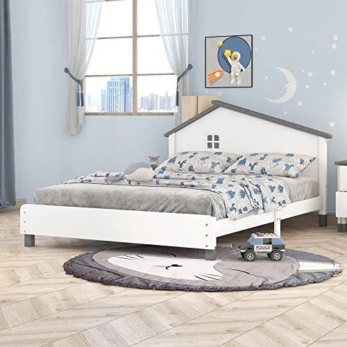 Merax Modern Kids House Beds Full Wood Low Bed Frames For Boys,Girls, No Box Spring Need/Easy Assemble(Full,White+Gray) 1 Merax Modern Kids House Beds Full Wood Low Bed Frames For Boys,Girls, No Box Spring Need/Easy Assemble(Full,White+Gray)