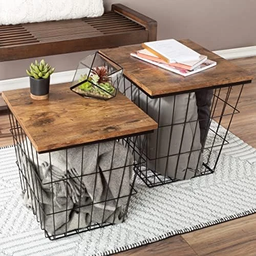 Lavish Home End Storage – Nesting Wire Basket Base And Wood Tops – Industrial Farmhouse Style Side Table, Set Of 2 - Round Black, Brown 6 Lavish Home End Storage – Nesting Wire Basket Base And Wood Tops – Industrial Farmhouse Style Side Table, Set Of 2 - Round Black, Brown - Image 6