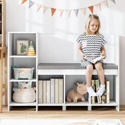 HOUSUIT Kids Bookshelf With Reading Nook, 6-Cubby Bookcase With Removable Seat Cushion, Storage Organizer With Adjustable Shelf For Playroom, Bedroom, Entryway, 43.3" L X 15.7" D X 31.7" H, White