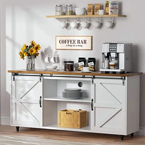 HOMBCK Farmhouse Coffee Bar Cabinet, Sideboard Buffet Cabinet With Storage, White Coffee Bar Kitchen Storage Cabinet With Sliding Barn Doors, Sideboard Cabinet For Living Room, Entryway, White 3 HOMBCK Farmhouse Coffee Bar Cabinet, Sideboard Buffet Cabinet With Storage, White Coffee Bar Kitchen Storage Cabinet With Sliding Barn Doors, Sideboard Cabinet For Living Room, Entryway, White - Image 3