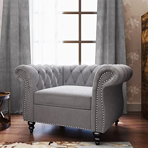 QHITTY Accent Large Sofa, Chesterfield Couch 3 Seater Modern Leather Couch Upholstered Sofa With Tufted Back For Living Room Furniture (Grey) 8 QHITTY Accent Large Sofa, Chesterfield Couch 3 Seater Modern Leather Couch Upholstered Sofa With Tufted Back For Living Room Furniture (Grey) - Image 8